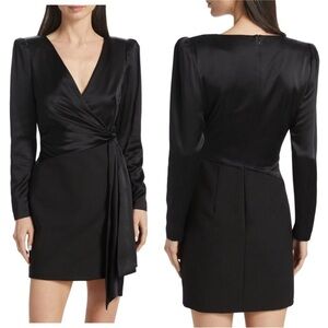 Cinq à Sept Layne V Neck Long Sleeve Satin Faux Wrap Sheath Minidress Size 8 NEW